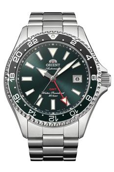 Orient Mako GMT steel watch with green dial