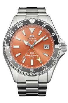 Orient Mako GMT watch orange dial steel bracelet