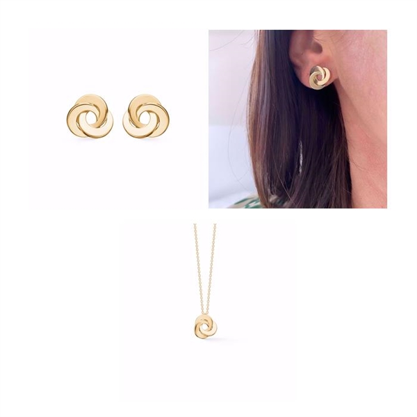 Gold intertwined design earrings and pendant on a chain; close-up of earring worn.