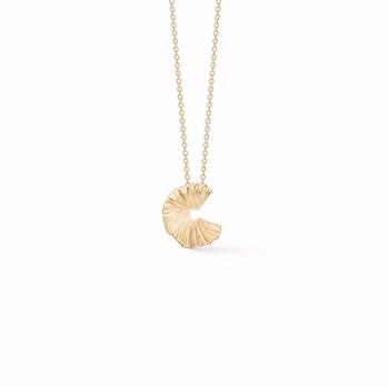 Gold fan-textured circular pendant on a delicate chain, designed as an elegant necklace.