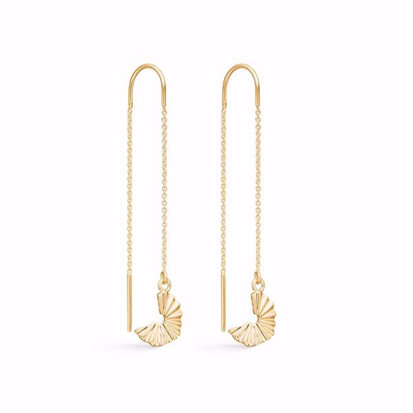 Gold chain earrings with spiral fan-like ends, textured pattern, threading through the ear design.
