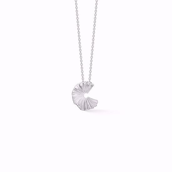 Silver spiral pendant with textured design on a delicate chain necklace.