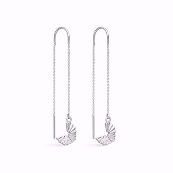 Silver chain earrings with textured, curved pendants and hook fastening. Elegant and delicate design.