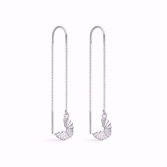 Silver chain earrings with textured, curved pendants and hook fastening. Elegant and delicate design.