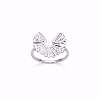 Silver ring with fan-like, ridged top design and smooth, polished band.