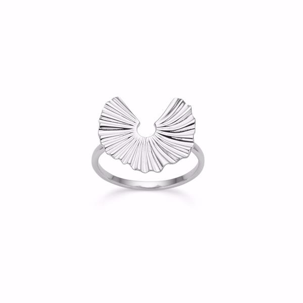 Silver ring with fan-like, ridged top design and smooth, polished band.