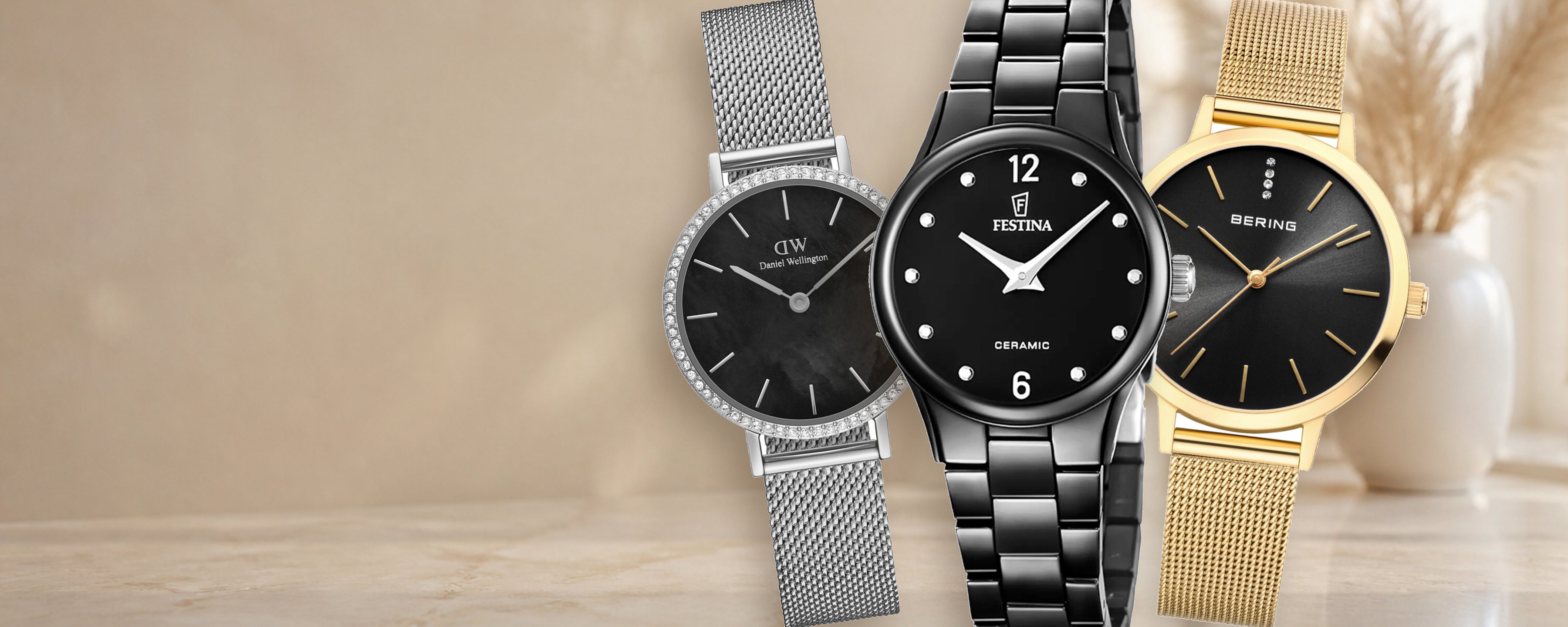 Black ladies’ watches from Daniel Wellington, Festina and Bering