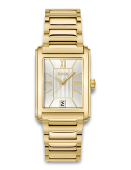 Gold-tone rectangular watch with Roman numerals and date window at 6 o'clock, metallic bracelet.