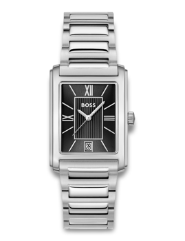 Rectangular watch with Roman numerals, striped center, metal link bracelet, date at 6 o'clock.