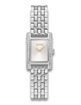 Rectangular watch with shiny stones, gold "BOSS," and metallic link bracelet.