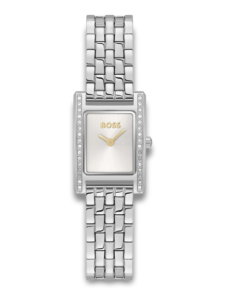 Rectangular watch with shiny stones, gold "BOSS," and metallic link bracelet.