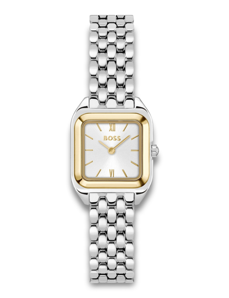 Rectangular watch with silver face, gold accents, and linked silver bracelet, elegant and chic design.