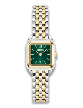 Square watch with green dial, gold markers, two-tone gold/silver bracelet, gold bezel, and crown.
