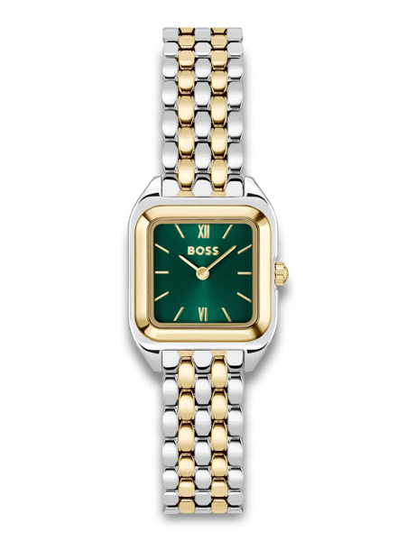 Square watch with green dial, gold markers, two-tone gold/silver bracelet, gold bezel, and crown.