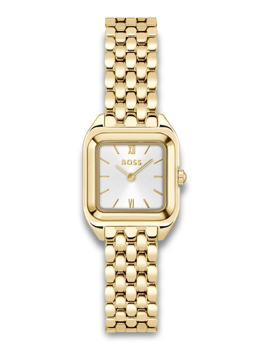 Gold-toned square watch with a linked bracelet and BOSS logo on the face.
