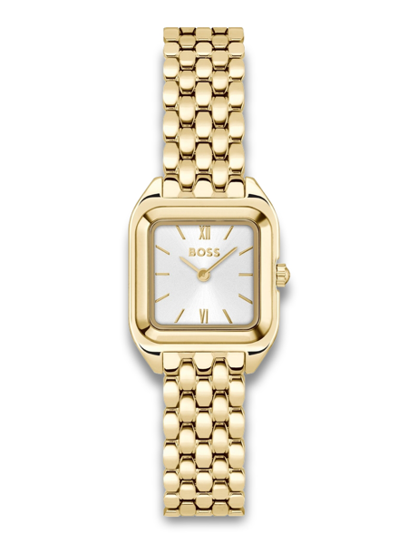 Gold-toned square watch with a linked bracelet and BOSS logo on the face.