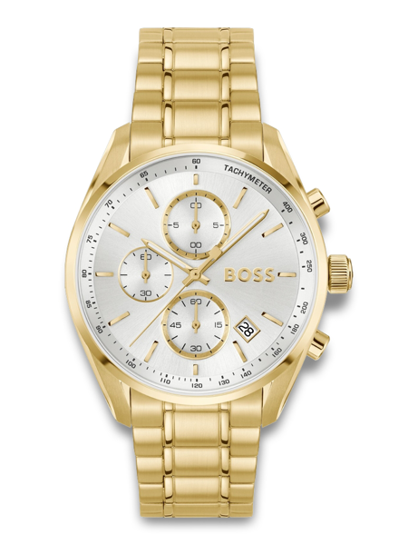 Gold watch with metal bracelet, three subdials, tachymeter, and date at 4 o\'clock on silver dial.