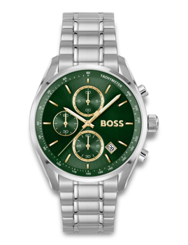 Green-dial BOSS watch with chronograph subdials, tachymeter, date, and metal bracelet.