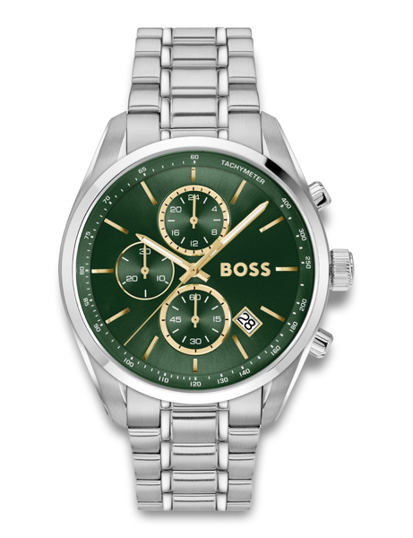 Silver watch with green dial, three subdials, date at 4 o\'clock, tachymeter scale, and metal bracelet.