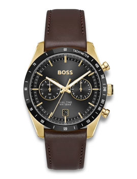 Gold-tone watch with dark face, tachymeter, dual time, brown leather strap, and date display.