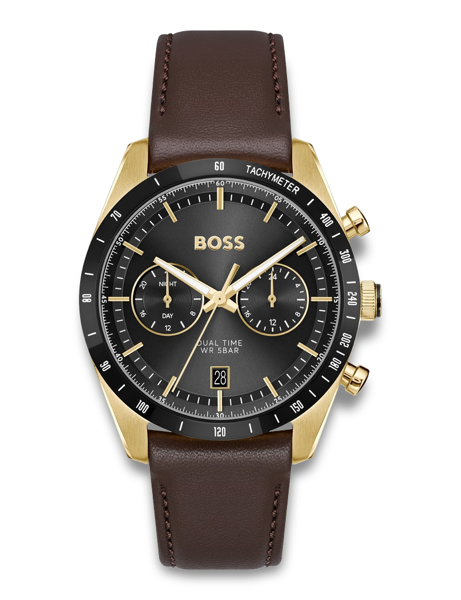 Gold-tone watch with dark face, tachymeter, dual time, brown leather strap, and date display.