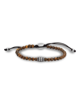 Brown beaded bracelet with silver accent and "Fossil" clasp, adjustable black cords.