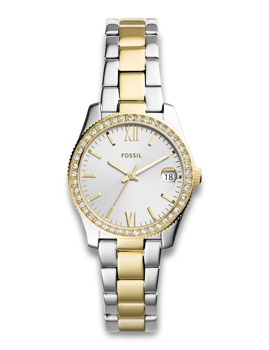 Fossil Scarlette watch with round face, two-tone metal band, gold accents, and date display.