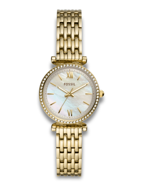 Fossil Carlie Quartz ladies\' watch with gold chain and mother-of-pearl dial. Adjustment button visible.