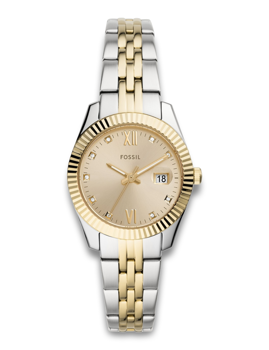 Two-tone Fossil Scarlette watch with gold face, Roman numerals, and date window on metal bracelet.