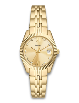 Gold-tone Fossil Scarlette Quartz watch with Roman numerals, textured bezel, and date display.