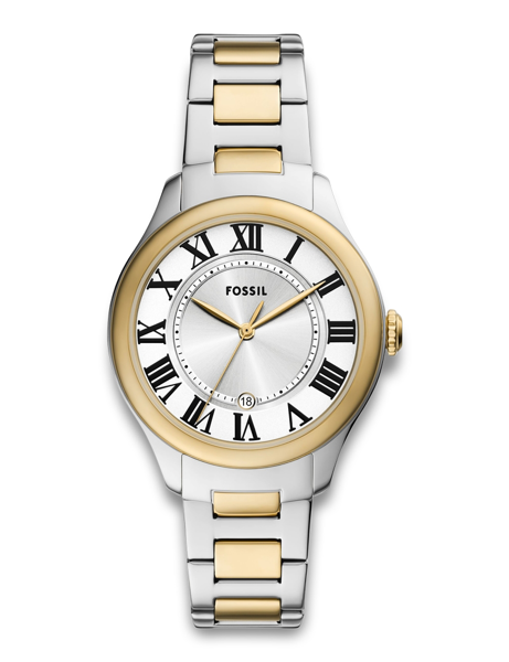 Fossil Gilmore Quartz ladies watch with silver dial, gold bezel and silver-gold chain. Date at 6 o\'clock.