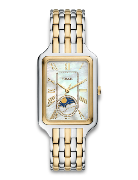 Fossil Raquel watch with rectangular dial, Roman numerals, moon phase and two-tone strap.