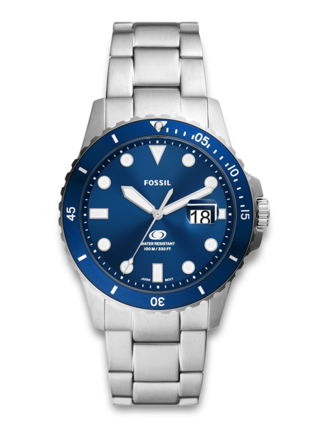 Fossil watch FS6029 with blue dial, date display at 3 o'clock and stainless steel chain.