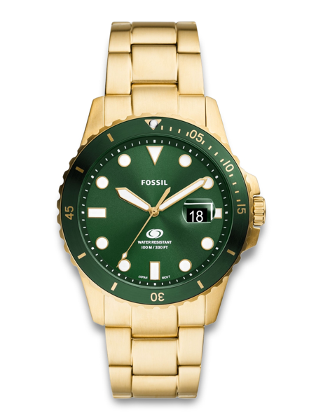 Fossil watch FS6030 with green dial, white markings, date display at 3 o\'clock and gold-colored chain.