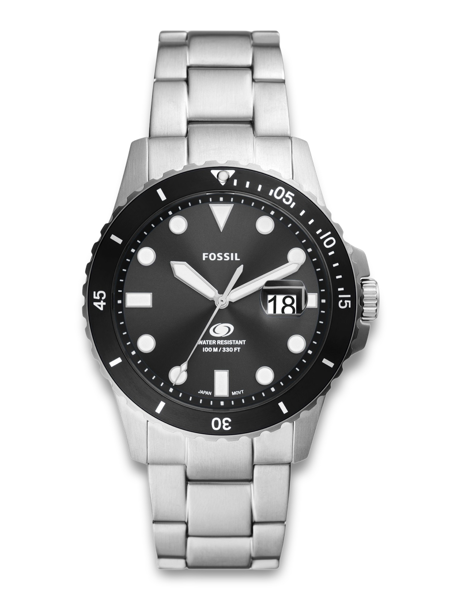 Fossil FS6032 men's watch with black dial, steel bracelet, date display and water resistance to 100m.