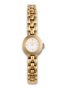 Gold Mockberg watch with chain link strap, Roman numerals, and brand name on the white face.