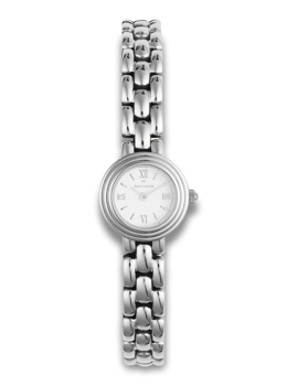Round silver watch with Roman numerals, linked band, and "MOCKBERG" logo on the face.
