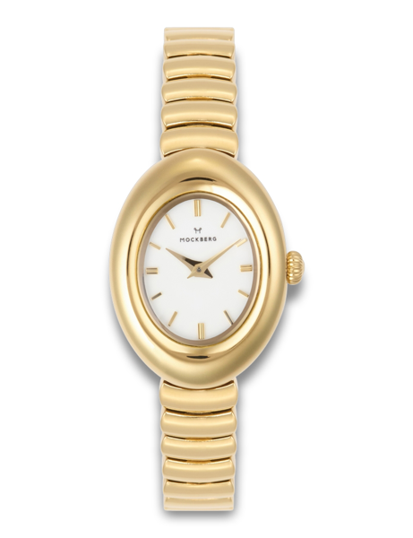 Gold oval watch with linked bracelet, white dial, gold markers, and hands, elegant and classic design.
