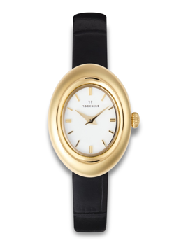 Gold oval watch with white face, gold markers, black leather strap; elegant and minimalist design.