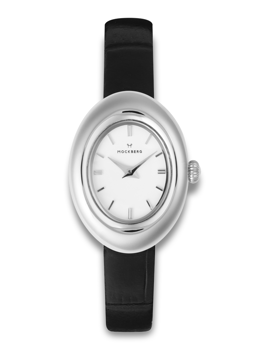 Oval silver watch with white face, silver hour markers, and black leather strap.