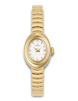 Gold oval watch with white dial, gold markers, and link bracelet.