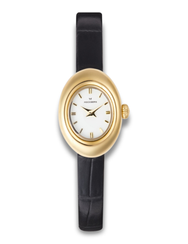 Gold oval watch with white dial, black leather strap; "MOCKBERG" on dial.