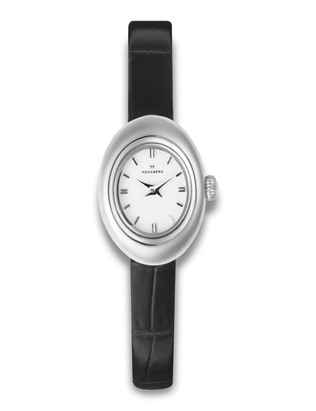 Oval metallic watch with a white dial, simple markers, and a smooth black leather strap.