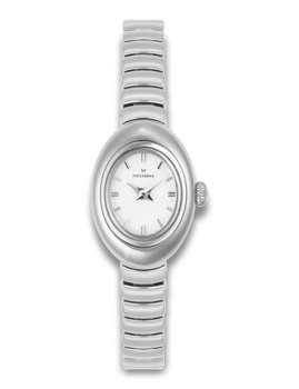 Oval watch with silver linked band, white dial, minimal markers, and "Mockberg" branding.