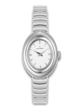 Oval watch with metallic strap, "MOCKBERG" on white face, silver hour markers, and hands.