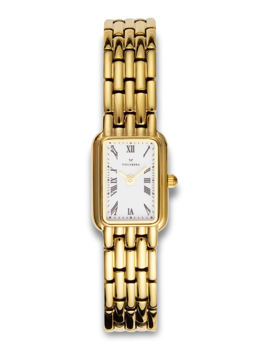 Gold rectangular watch with Roman numerals, linked band, and "MOCKBERG" on the face.