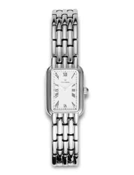Rectangular silver watch with Roman numerals and linked bracelet; crown on the right side.