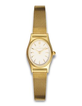 Gold mesh watch with white face, hour markers, two hands, and "MOCKBERG" brand name on dial.