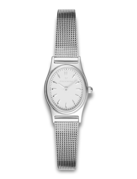 Silver mesh band watch with minimalistic face, hour markers, and "MOCKBERG" on the dial.