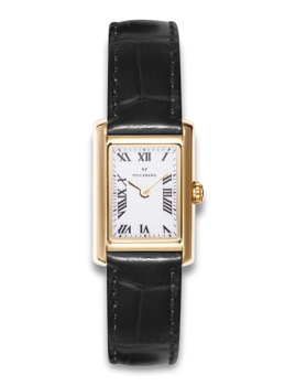 Rectangular watch with white face, black Roman numerals, gold case, black leather strap, Mockberg logo.